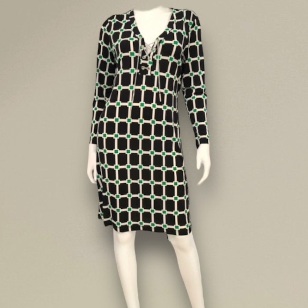 Jules & Leopold Black Green Geometric Belted Midi Dress Silver Chain Detail Sz S
